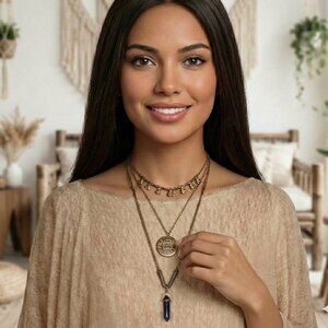 Indian Artisanal Layered Boho Chic Sun & Crystal Celestial Statement Necklace